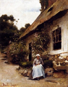  Hut Malerei - Frau Nähen vor ihrem Cottage Joseph Claude Bail